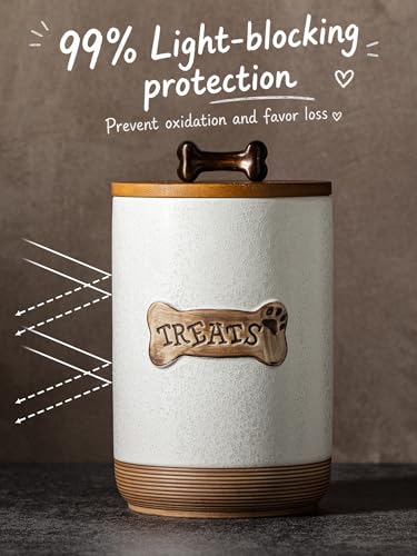 Miamolo Airtight Dog Treat Container, Dog Food Storage Container, Ceramic Dog Treat Jar with Wood Lid and Handle, Pet Treats Canister for Countertop, Farmhouse Gift for Dog Lovers, Bone Glinting White - color: Bone Glinting White