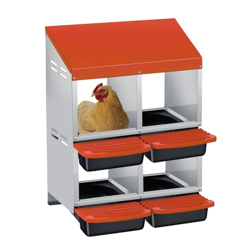 GarveeLife Chicken Nesting Box 4 Hole, Galvanized Steel Nest with Roll Away Egg Collection & Swing Perch, Easy-Clean Laying Box for Hens, Heavy Duty Design for Chicken Coop - color: Orange, size: 4 holes 2 layers