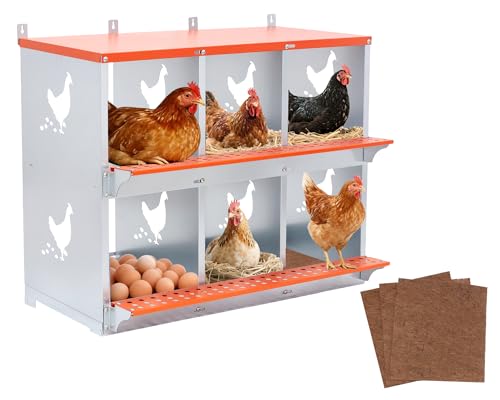 Yafylly Chicken Nesting Box, 6 Compartment Metal Nesting Boxes for Chickens, Wall Mountable Chicken Laying Boxes, Easy Egg Collection, with Nesting Pads, Indoor & Outdoor Use, 31.8" L x 17" W x 25" H - color: Orange, size: 6 Compartment