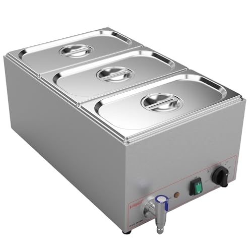 Valgus 3 Pan 17QT Commercial Bain Marie, Stainless Steel Food Warmer | 900W adjustable temp,auto boil dry shut-off,3 lids included,drain tap,easy clean,for restaurant catering buffet banquet - size: 3 Sections with Tap