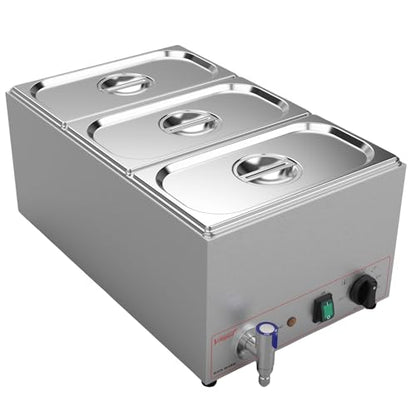 Valgus 3 Pan 17QT Commercial Bain Marie, Stainless Steel Food Warmer | 900W adjustable temp,auto boil dry shut-off,3 lids included,drain tap,easy clean,for restaurant catering buffet banquet - size: 3 Sections with Tap