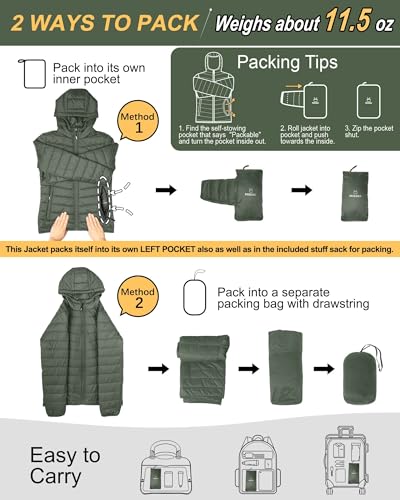 Outdoor Ventures Women's Packable Lightweight Full-Zip Puffer Jacket with Hood Quilted Winter Coat - color: Army Green(fold in Pocket), size: X-Large