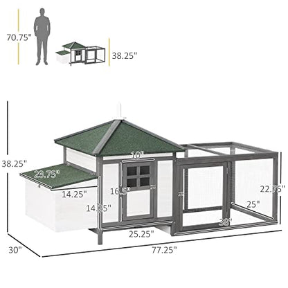 PawHut 77" Wooden Chicken Coop with Nesting Box, Cute Outdoor Hen House with Removable Tray, Ramp Run, for Garden Backyard, Gray - color: Gray