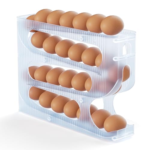 Sotfamily FIFO Egg Holder for Fridge, Egg Organizer for 28 Large Size Eggs | 1-Pack Auto Rolling Egg Dispenser for Refrigerator, Space-Saving Egg Roller/Container/Storage(Frosted Clear) - color: Frosted Clear, size: 1 Pack