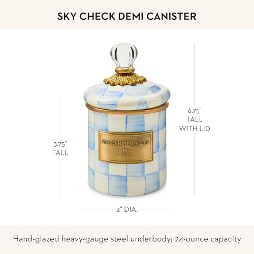 MACKENZIE-CHILDS Enamel Canister, Kitchen Storage Container with Lid, Demi, 24-Ounce Capacity, Light-Blue-and-White Sky Check - color: Sky Check
