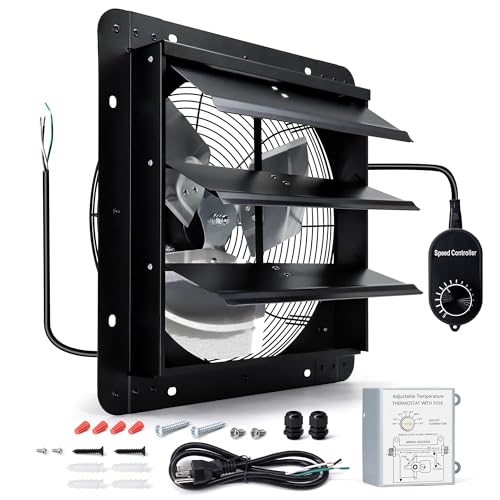 14 Inch Wall Mounted Shutter Exhaust Fan with Thermostat and Speed Controller for Attic, Greenhouse, Shed, Garage, Chicken Coop, Shop, Barn Ventilation, 1088 CFM High Power Louvered Vent Fan - color: with Power Cord & Speed Controller & Thermostat, size: