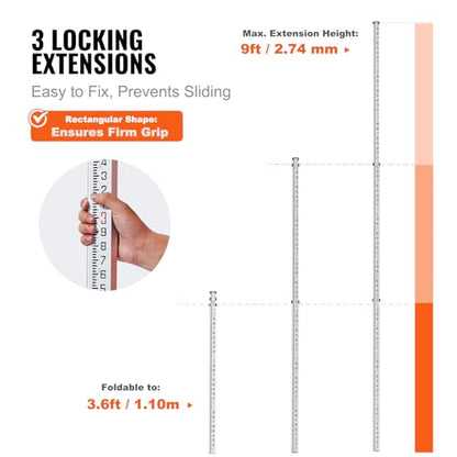 VEVOR Aluminum Grade 9-Feet 3 Sections Telescopic Measuring Rod, Double-Sided Scale 1/10ft Leveling Rod with Bubble Level & Carrying Bag for Houses, Walls, Floors - size: 9 FT-10ths