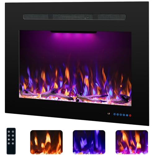 27.1" W Rear Electric Fireplace Inserts with Thermostat, Recessed Fireplace Heater with 3 Flame & Top Light Color, 750/1500W, Crackling Sound, Logs & Crystals, Timer, No Wall Mount - size: 30"W25"H