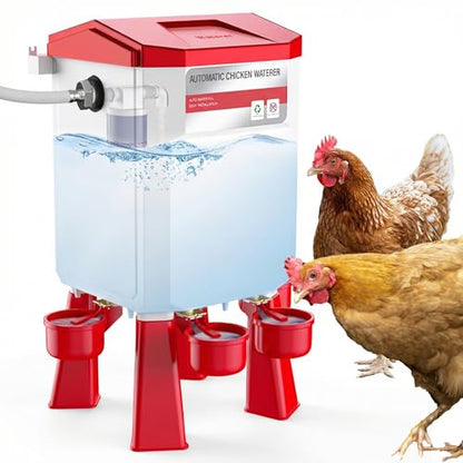2 Gallon Automatic Chicken Waterer with Float Control, Hanging & Standing Poultry Water Feeder for Chickens, Ducks, Quail, Connect to 3/4'' Faucet & Hose, Easy Installation & Reliable Supply (Red)