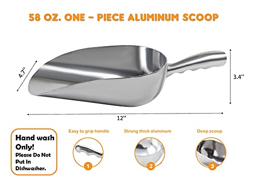 Cast Aluminum Utility Scoop - 58 oz. - Round Bottom, ice scoop For Multi-Purpose Use, With Finger Groove Handle (58 oz.) - size: 58 oz