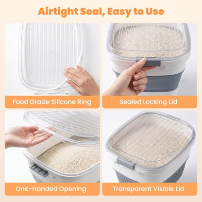 50 Lbs Rice Storage Container with Wheels, Collapsible Airtight Rice Holder with Transparent Lid, Measuring Cup, Scoop, Handle, BPA Free Food Storage Container for Pet Food, Grain, Bird Seed - color: Clear/50lbs