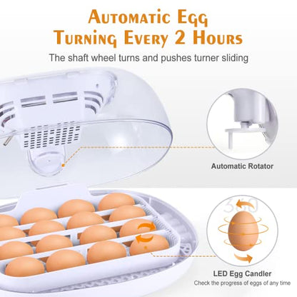 Egg Incubator with Automatic Egg Turner, Temperature Control, and Egg Candle Function - Perfect for Hatching Chicken, Duck, and Turkey Eggs at Home or on The Farm