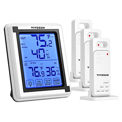 VIVOSUN Digital Thermometer and Hygrometer with 3 Remote Sensors, Indoor Outdoor Temperature and Humidity Monitor with Touchscreen LCD Backlight, 200ft/60m Range, Battery Included - size: 3 Remote Sensors, style: 1 Console & 3 Sensors