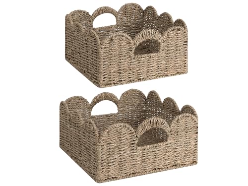 StorageWorks Scalloped Wicker Basket, Hand-woven Rattan Baskets with Built-in Handles, Seagrass Basket for Organizing and Decor, 2 Pack - color: Natural(Seagrass), size: 11 ½" L x 11 ½" W x 5 ¾" H