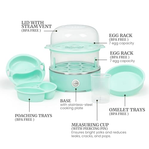 Elite Gourmet EGC1215M Easy Egg Cooker, Stainless-steel Heating Plate, Two-Tiered, 14-Egg Capacity, Soft, Medium, Hard-Boiled, Auto Shut-Off, Omelets, Poached Eggs, Measuring Cup, Piercing Pin, Mint - color: Mint, size: 14-Egg