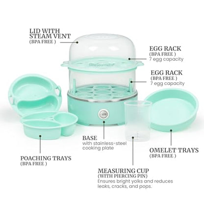 Elite Gourmet EGC1215M Easy Egg Cooker, Stainless-steel Heating Plate, Two-Tiered, 14-Egg Capacity, Soft, Medium, Hard-Boiled, Auto Shut-Off, Omelets, Poached Eggs, Measuring Cup, Piercing Pin, Mint - color: Mint, size: 14-Egg