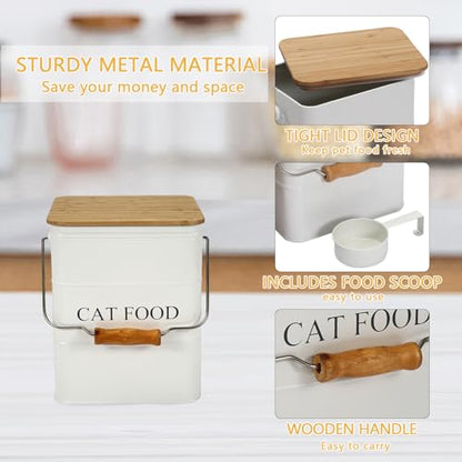 Morezi Cat Food Storage Container Storage bin with Wooden lid Scoop Included White Metal cat Food Container in Kitchen countertop - color: Cat Food Wood Lid white