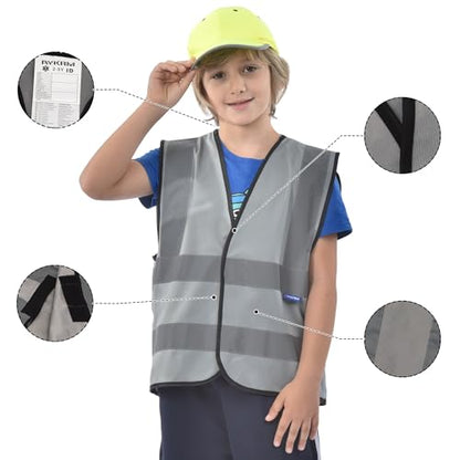AYKRM Kids High visibility viz vest hi vis viz reflective safety vests - color: Grey, size: 6-9Y