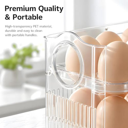 Egg Holder for Fridge, Holds 30 Eggs, 3-Tier Stackable Egg Organizer for Refrigerator with Date Tracker & One-Hand Access, BPA-Free PET Egg Storage Container for Countertop or Fridge, Clear