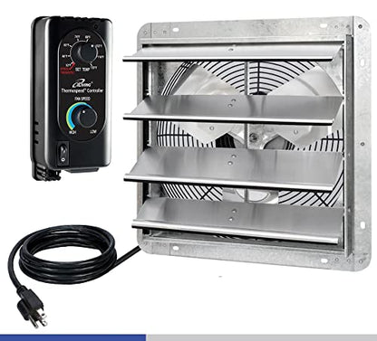 iLIVING 16" Wall Mounted Shutter Exhaust Fan, Automatic Shutter, with Thermostat and Variable Speed controller, 0.85A, 1200 CFM, 1800 SQF Coverage Area Silver (ILG8SF16V-ST) - style: Plugin Thermostat & Speed Controller