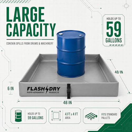 FLASHDRY Portable Spill Containment Berm, Folding Duck Pond 4' x 4', Reusable Oil, Fuel & Chemical Spill Containment Tray, UV-Resistant PVC, Heavy-Duty, Quick & Easy Setup, Garage & Industrial Use - color: Grey
