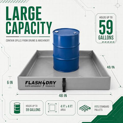 FLASHDRY Portable Spill Containment Berm, Folding Duck Pond 4' x 4', Reusable Oil, Fuel & Chemical Spill Containment Tray, UV-Resistant PVC, Heavy-Duty, Quick & Easy Setup, Garage & Industrial Use - color: Grey
