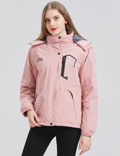 ELLSWOS Womens Winter Coats Waterproof Ski Jacket Warm Snow Jackets Windproof Windbreaker Hooded Raincoat - color: Pink, size: Small