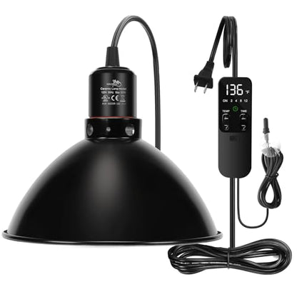 MECESOR Reptile Light Fixture with Thermostatic Timer, 8.5 Inch Deep Dome Lamp Cap Reptile Heat Lamp Fixture with Separate Switches, Terrariums Light Fixture for Ceramic Heating Lamp Bulb