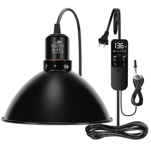 MECESOR Reptile Light Fixture with Thermostatic Timer, 8.5 Inch Deep Dome Lamp Cap Reptile Heat Lamp Fixture with Separate Switches, Terrariums Light Fixture for Ceramic Heating Lamp Bulb