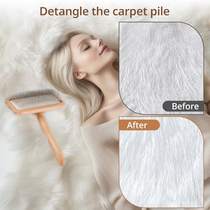 Sheepskin Wool Brush - Carpet Rake Tool for Pet Hair Removal and Household Fabric Care - color: Wood
