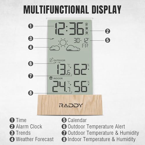 Raddy V5 Wireless Weather Station for Indoor Outdoor Thermometer Hygrometer, Battery Powered Temperature & Humidity Monitor with 5.0’’ LCD Display, Weather Forecast, Wireless Remote Sensor