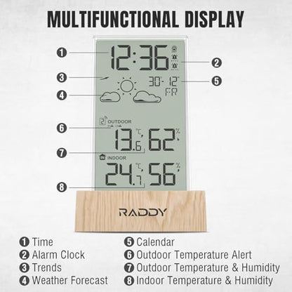 Raddy V5 Wireless Weather Station for Indoor Outdoor Thermometer Hygrometer, Battery Powered Temperature & Humidity Monitor with 5.0’’ LCD Display, Weather Forecast, Wireless Remote Sensor