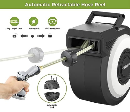 Tuyeho Retractable Garden Hose Reel 90 FT, Wall Mount Heavy Duty Water Hose Reels with Automatic Slow Rewind System, Outdoor Hoses Reel with 2 Hose Nozzles for Garden Watering, Car Wash, Pet Shower - size: 1/2" 90FT
