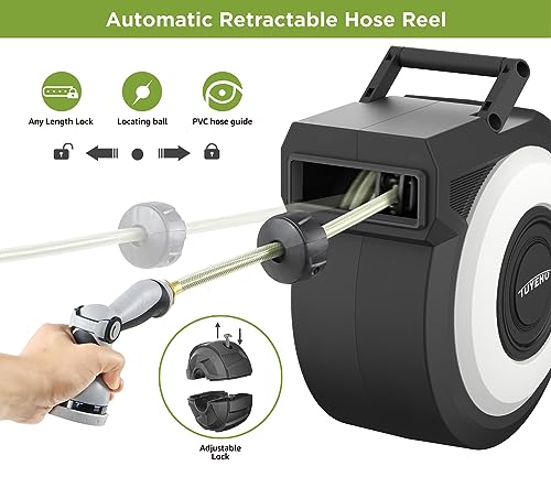 Tuyeho 5/8" Heavy-Duty Auto Retractable Garden Hose Reel 90FT Wall Mount | Automatic Rewind, Any Length Lock, 2 Nozzle, Rustproof, Easy Install, Garden Watering, Car Wash, Pet Shower, Lifetime Service - size: 5/8" 90FT