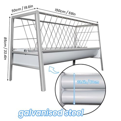 High Capacity 90 Gallon Hay Feeder, Galvanized Steel 2-in-1 Livestock Trough & Rack, 5 Ft Goat & Sheep Feeder for Outdoor Farm