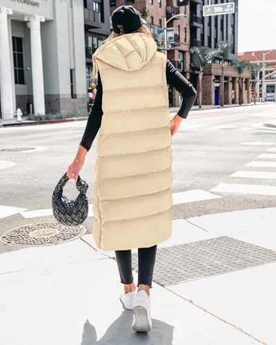 BTFBM Long Puffer Vest Women Quilted Hooded Button Down Zip Up Sleeveless Vests Outerwear Padded Jacket Fall Winter Coat - color: Apricot, size: Large