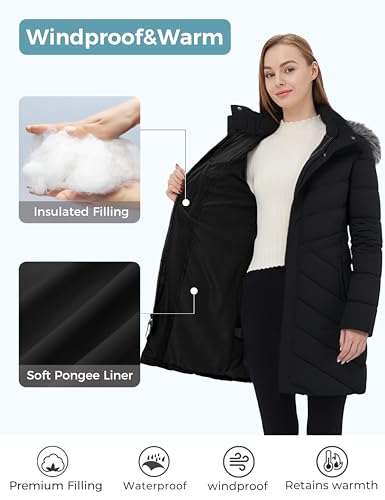 ZSHOW Women's Long Winter Coat Waterproof Warm Quilted Puffer Jacket with Faux Fur Hood - color: Black, size: Large