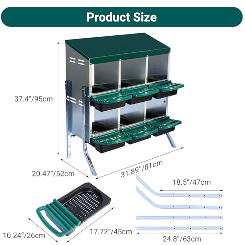 6-Hole Chicken Nesting Box with Removable Lid, Metal Chicken Coop with Roll Away Design/Easy Egg Collection/Ventilation Holes, for Chicken Coops, Duck Coops and Hens - color: Green, size: 6 holes with Legs