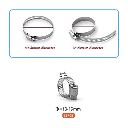 ZIPCCI Hose Clamp, 25 Pack Stainless Steel Worm Gear fuel line hose clamps, 13-19mm (1/2-3/4 inch) - size: 13-19mm