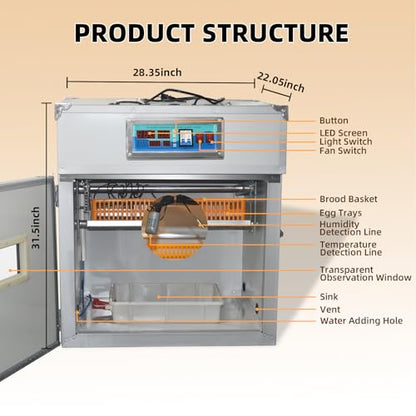 XKV 88 Egg Large Incubator with Automatic Egg Turning,Temperature Control and Humidity Control,Hatching Eggs,Chicken,Ducks,Poultry,with a Viewing Window,Easy to use - size: 88 Egg-152L
