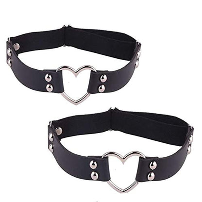 2PCS Leather Heart Garter - Adjustable Leg Ring for Cosplay, Spike Party - color: Black