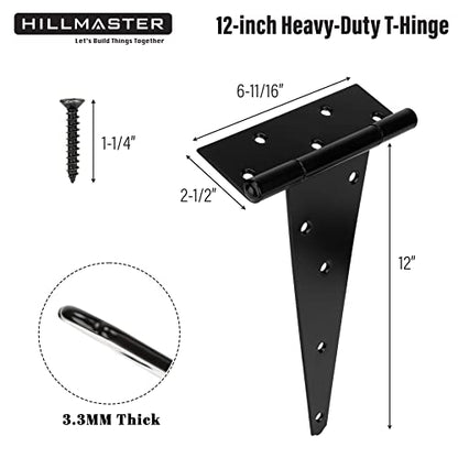 HILLMASTER 12 Inch T-Strap Heavy Duty Shed Door Hinges Gate Strap Hinges Black Tee Hinge Wrought Hardware for Wooden Fences,Yard,Barn Door,Rustproof (2 Pack) - size: 12in 2 Pack