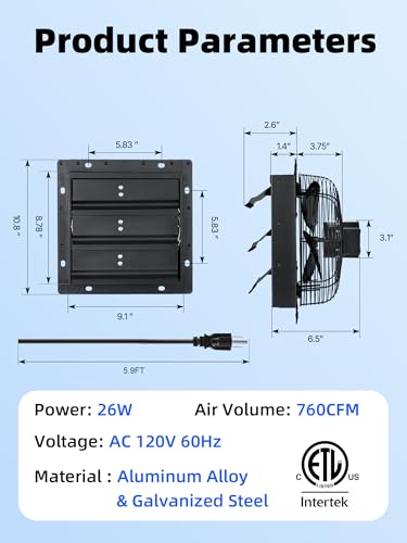 8 Inch Shutter Exhaust Fan, 760 CFM High-Speed Wall Mounted Exhaust Fan, 40dB Quiet Cooling Ventilation Attic Fan for Shed, Garage, Greenhouse, Basement, Chicken Coop, Generator Room, Black - size: 8 Inch