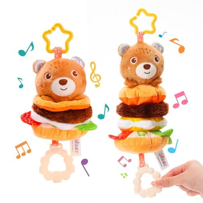 Jollybaby Baby Musical Pull String Hanging Toys for Stroller Car Seat Crib Play Gym, Plush Stuffed Hamburg Bear Toy for Carseat with Music Teether Crinkle, Sensory Toy for 0-6-12-18 Months Baby Gifts - style: Bear