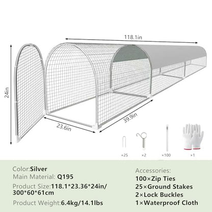 Metal Chicken Coop with Run, 9.8x2x2ft Chicken Run for Yard with Waterproof and Anti-Ultraviolet Cover for Outside,Backyard and Farm, Chicken Pen for Ducks, Rabbits (Silver, 24 * 26 * 118inch)