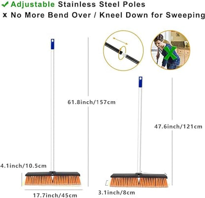 18" Push Broom Outdoor Heavy Duty with Stiff Bristles, Shop Broom with 63" Long Handle, Snow Broom Garage Push Broom for Concrete Wood Scrub Brush for Cleaning Shop Garage Deck Patio Driveway (Orange)