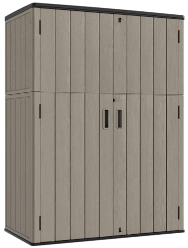 KINYING Outdoor Vertical Storage Shed,57 Cu.ft Outdoor Storage Cabinet Waterproof,Resin Sheds & Outdoor Storage Clearance for Garden,Patio,Backyard,Lockable (Brown) - color: Brown, size: 57 Cu.ft