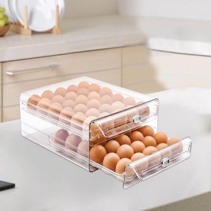 Egg Holder for Refrigerator,60 Eggs Clear Drawer Organizer,2 Layer Stackable Egg Holder Egg Trays,Egg Storage Container with Time Scale for Fridge Countertop Cabinet - size: 60 eggs