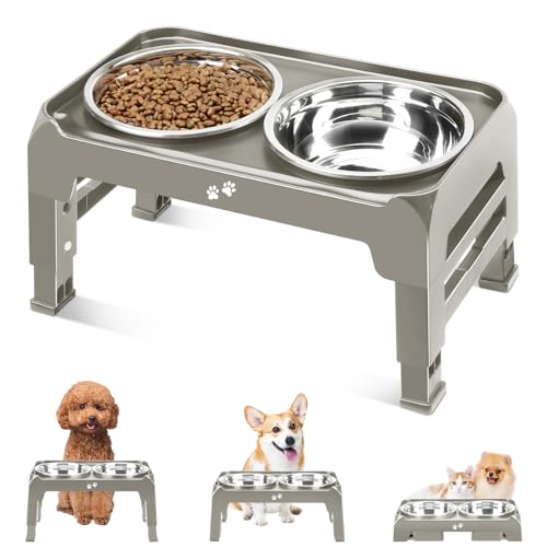 Elevated Dog Bowls for Small Dogs 3 Height Adjustable Raised Dog Bowl Stand with 25oz Stainless Steel Food Bowls Anti-Slip Small Dogs Feeder Adjusts to 7.5", 6", 2.75", Light Brownish Gray - color: Light Brownish Gray, size: 6" for Small Dogs