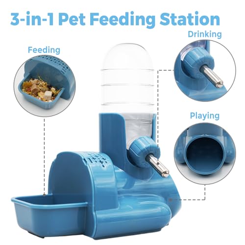 VANNON 3 in 1 Hamster Water Bottle No Drip Small Animal Water Bottle Automatic Bottle Dispenser with Food Container Base Hut and Hideout Base 4oz/120ml,Leekproof, BPA Free - color: Blue